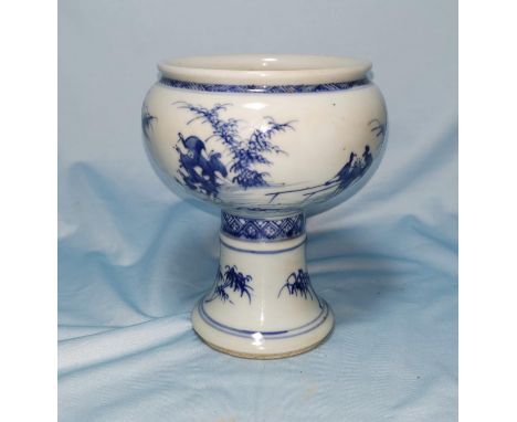 A Chinese blue &amp; white porcelain goblet decorated with farming scenes, height 14.5 cm 