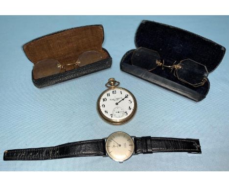 A gents Rotary analogue wristwatch; an American pocket watch (screw off back); 2 pairs of pince-nez 