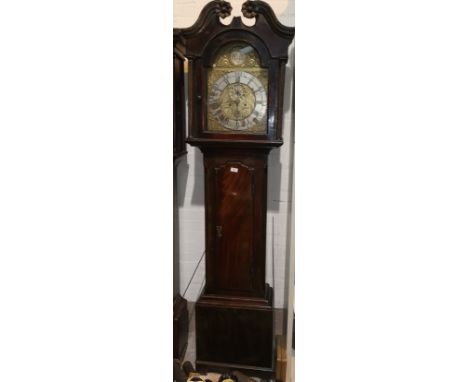 An 18th century Scottish mahogany longcase clock, the hood with swan neck pediment, carved flower head decoration and reeded 