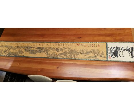 A Chinese folding book with watercolour and print views, 16.5 x 11 cm; a printed narrative scroll, 4 m approx