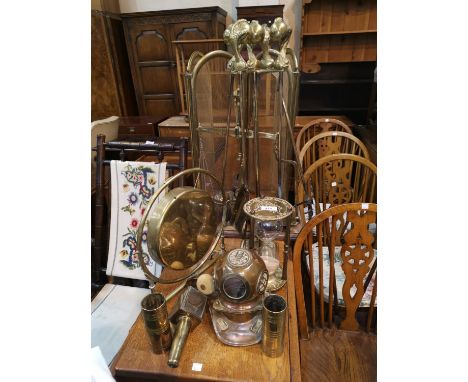 A brass 4 piece companion set; a fireguard; other brassware 