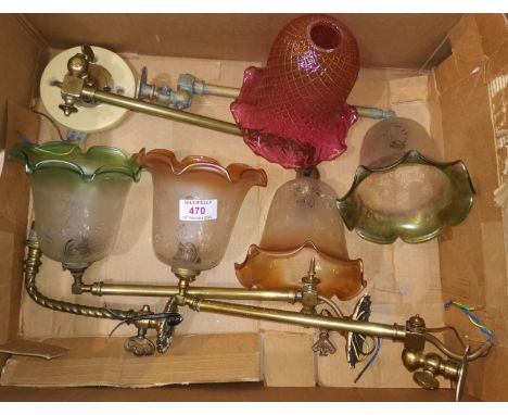 Four brass gas style light brackets with glass shades; a similar smaller bracket 