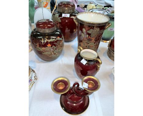 A Carltonware Rouge Royale ginger jar, 20 cm; another, 23 cm (lid a.f.); 3 other pieces 