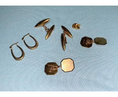 A pair of 9 carat hallmarked gold octagonal cufflinks, engine turned decoration; another pair of cufflinks; a pair of earring