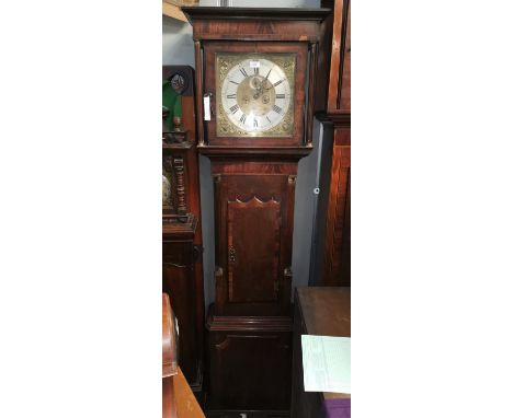 An 18th century crossbanded oak longcase clock by Fran Moore, London, square hood with turned columns, quarter turned column 