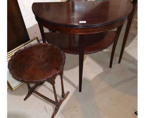 A mahogany reproduction demi-lune side table with shelf below; a mahogany occasional table 