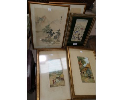 A Persian gouache of hunting scene, on panel, 19 x 10 cm; a pair of oriental watercolours on silk; a pair of English School n