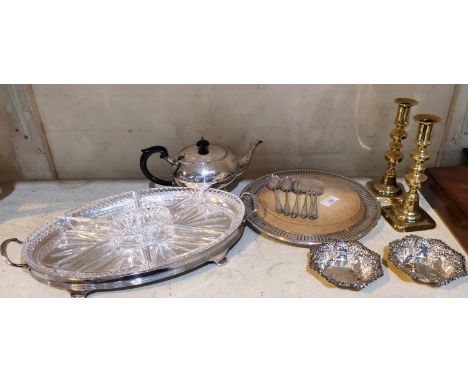 An EPNS and glass hors d'oeuvres dish; a breadboard; teapot; pair of sweetmeat dishes; a pair of brass candlesticks 