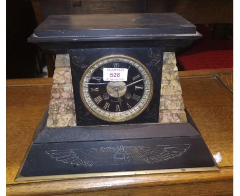 An unusual mantel clock in slate and marble case, with Egyptian detailing, by W &amp; M Dodge, Manchester 