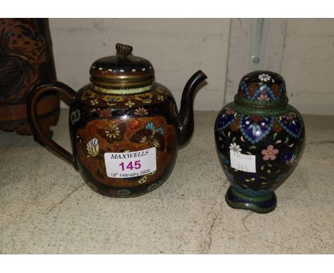 An oriental cloisonné miniature teapot; a similar covered urn, 11 &amp; 10 cm 