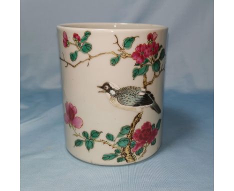 A Chinese ceramic brush pot depicting birds on branch with mark to base 11.5cm 