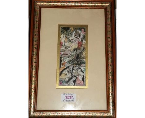 A late 19th / early 20th century hand painted panel depicting deity playing pipe on a tree while women bathe, 16 x 7cm, frame