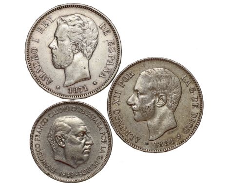 Spain, Five Pesetas, 1871 SD M, Amadeao I, head left, rev. Crowned arms dividing pillars, value below (KM.666); Spain, Five P
