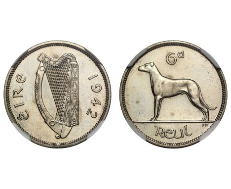 Ireland, Republic, proof Cupro-nickel Sixpence, 1942, Irish Harp, ÉIRE 1942 around, rev. Wolfhound (S.6641). With pleasing mi
