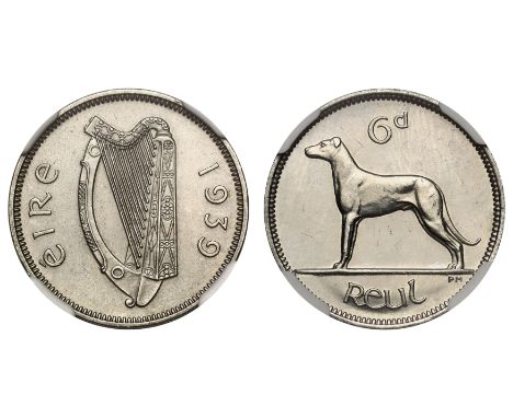 Ireland, Republic, nickel proof Sixpence, 1939, Irish Harp, ÉIRE 1939 around, rev. Wolfhound (S.6636). Graded by NGC as PF62.