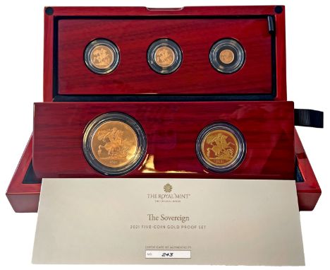 Elizabeth II (1952-2022), gold proof 5-coin Set, 2021, Five Pounds, Two Pounds, Sovereign, Half-Sovereign and Quarter-Soverei