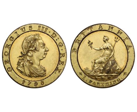 George III (1760-1820), Copper Gilt Pattern Farthing, 1798, early Soho mint, Birmingham, K in truncation for Conrad Heinrich 