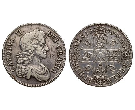 Charles II (1660-85), silver Crown, 1679, third laureate and draped bust right, legend surrounding, CAROLVS. II. DEI. GRATIA,