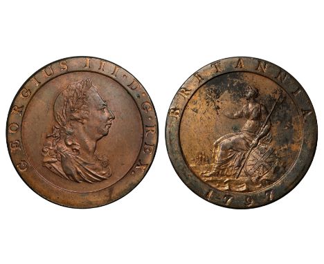 George III (1760-1820), Copper Penny, 1797, laureate and draped bust right, ten leaf wreath, ribbon tie points outwards, K:. 