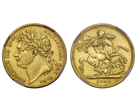 g George IV (1820-30), Sovereign, 1823, first laureate head left, B.P. for Benedetto Pistrucci below neck, GEORGIUS IIII D: G