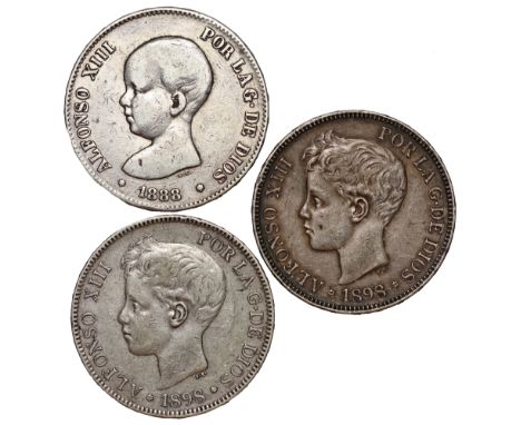 Spain, Alfonso XIII, Five Pesetas, 1888 MP M, toddler head left, rev. crowned arms, pillars, value below (KM.689); Spain, Alf