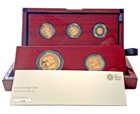 Elizabeth II (1952 -2022), gold 5-coin proof set, 2020, Five Pounds, Two Pounds, Sovereign, Half-Sovereign and Quarter-Sovere