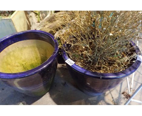 Two blue glazed ceramic pots, H: 50 cm. Not available for in-house P&P 