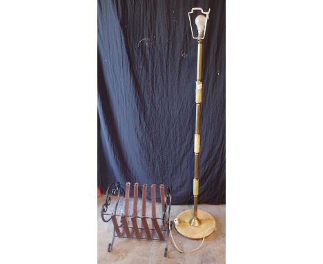Onyx and brass standard lamp, H: 140 cm, and a magazine rack. Not available for in-house P&amp;P 