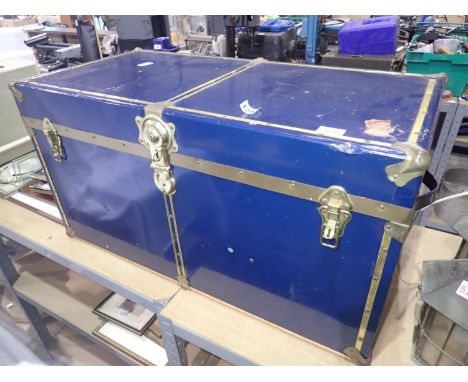Brass bound blue painted metal trunk. Not available for in-house P&amp;P 