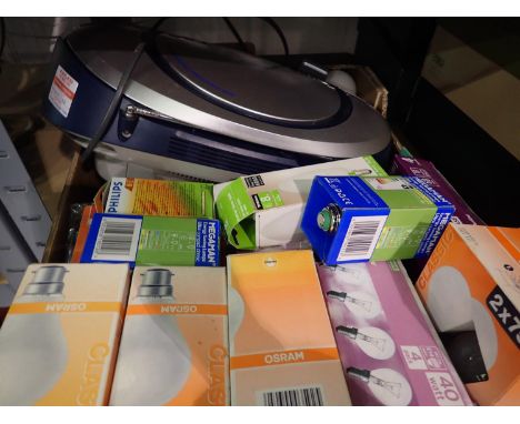 Box of mixed items including light bulbs. Not available for in-house P&PAll electrical items in this lot have been PAT tested