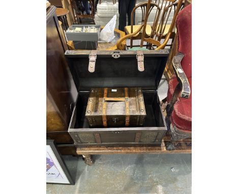 Leather bound wooden trunk and a similar smaller example. Not available for in-house P&amp;P 