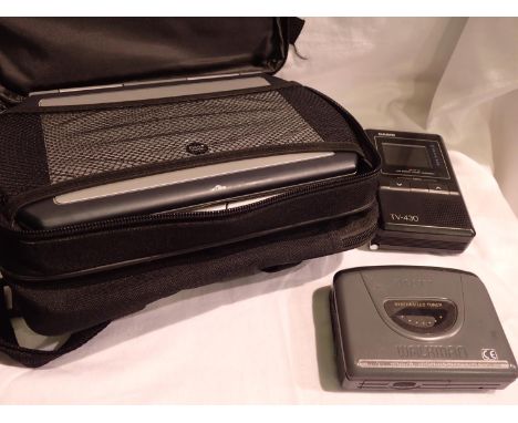 Walkman WM-FX261 radio, Casio LCD pocket colour TV model TV-430 and a Venturer PV5166W portable DVD player in travel case. P&