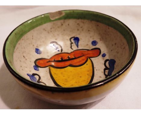 Clarice Cliff yellow ground pin dish, stamped to base, D: 80 mm. Small chip to rim. P&amp;P Group 1 (£14+VAT for the first lo