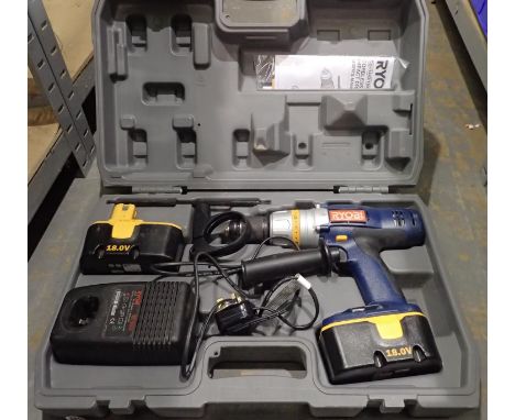 Ryobi drill with spare battery, case and charger. Not available for in-house P&PAll electrical items in this lot have been PA