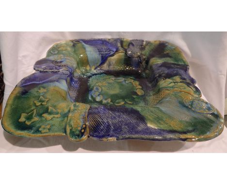 Large Kelbrook Pottery slab made dish from their studio in Lancashire with blue/green leaf design, 39 x 39 cm. P&amp;P Group 