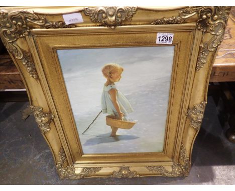 Oleograph of a girl fishing, 30 x 50 cm. Not available for in-house P&amp;P 