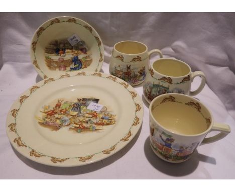 Five Royal Doulton Bunnykins items, three mugs, bowl and a plate, largest D: 22 cm. P&amp;P Group 2 (£18+VAT for the first lo