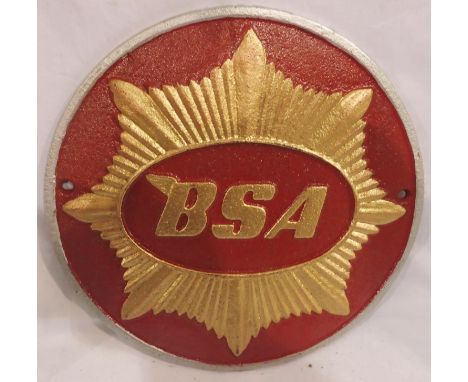 Cast iron BSA plaque, D: 25 cm. P&amp;P Group 2 (£18+VAT for the first lot and £3+VAT for subsequent lots) 