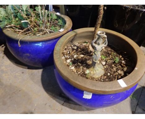 Two large blue glazed ceramic pots, D: 60 cm. Not available for in-house P&amp;P 