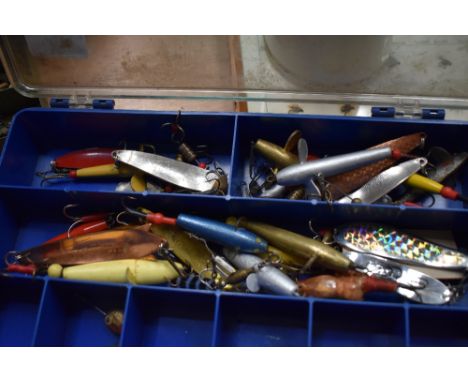 Five tackle boxes of fishing lures and minows