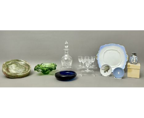 A small group of glass and bone china - including an Edinburgh Crystal cut glass pint decanter with six matching liqueur glas
