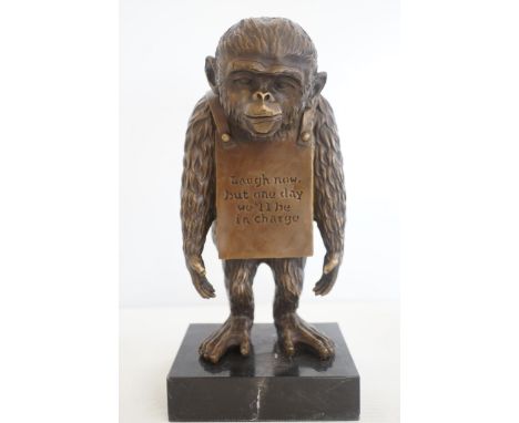 Bronze sculpture of a monkey laugh now on marble base inspired by Banksy 