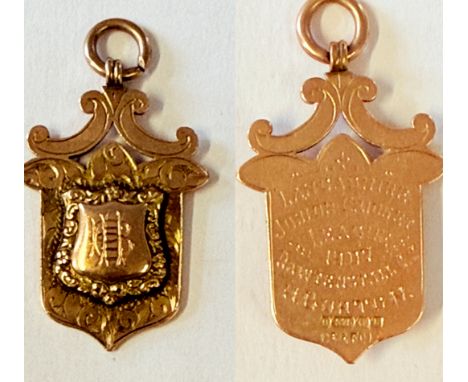 9ct Gold fob Lancashire junior cricket league 1907 Weight 8g