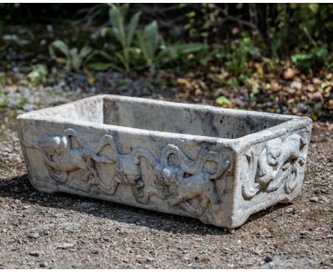 A Chinese carved, marble, rectangular trough, decorated with dogs of foo, approximately 76cm wide, 40cm deep, 23cm highWeathe