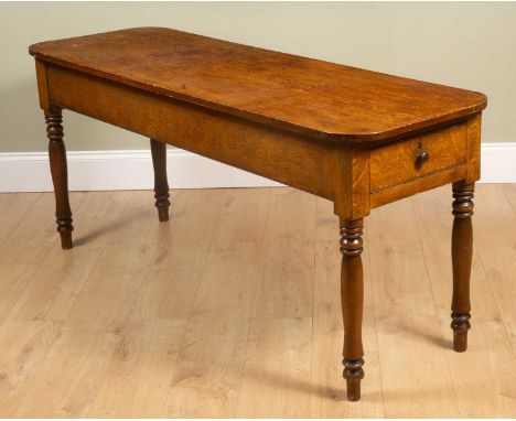 A pine scumble topped table with a drawer at either end, on turned supports, 170cm long x 56cm deep x 75cm highRing marks and