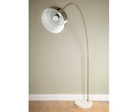 An Arco style floor lamp with arching chrome arm on circular white marble base, approximately 220cm highNot electrically test