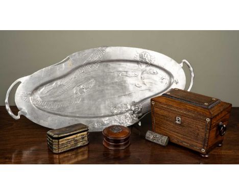 An Orivit Art Nouveau pewter tray with hammered fish, crab and foliate decoration, 62cm wide; together with a Regency mahogan