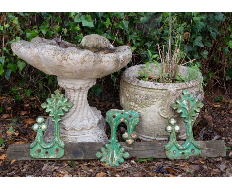 A small group of garden ornaments and other items consisting of; a small shell cast composite stone birdbath, 51cm wide, 43cm