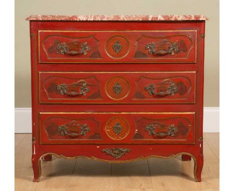 A red ground Jappaned marble-topped hardwood commode, with three drawers, panelled sides and on cabriole legs, 85cm wide, 47c