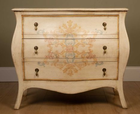 An 18th century French-style painted bombé commode, with serpentine front, three drawers, drop handles and splayed legs, 96cm